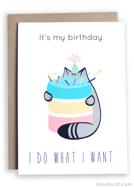 Funny Cat with Cake Birthday Card